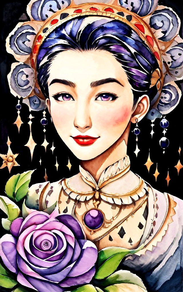a painting of purple rose with black background, by Eugeniusz Zak, water color art, Mr. Károly Lotz, Watercolor painting, Watercolor painting style, watercolor detailed art, Lt. Reuben Tam, digital watercolor painting, Watercolor paint, Masterfully detailed watercolor, water color art, Grzegorz Rutkowski
