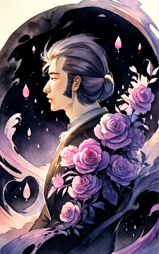 a painting of purple rose with black background, by Eugeniusz Zak, water color art, Mr. Károly Lotz, Watercolor painting, Watercolor painting style, watercolor detailed art, Lt. Reuben Tam, digital watercolor painting, Watercolor paint, Masterfully detailed watercolor, water color art, Grzegorz Rutkowski