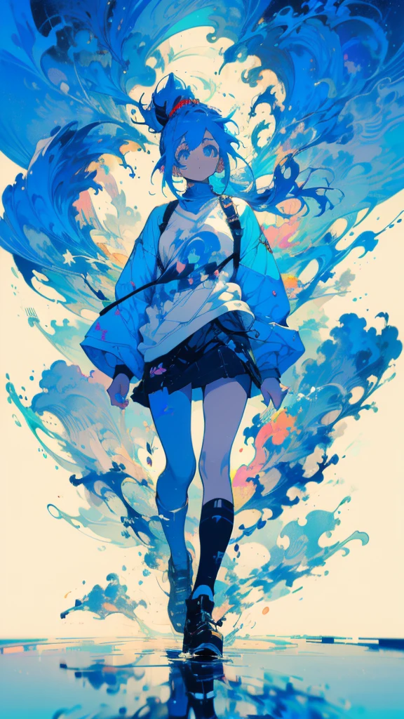 Blue-haired side ponytail，Design clothing，Seven-doppelganger shot，Anime style 4K，Anime girl with teal hair，High quality anime art style，Standing painting，Splash ink background，Blue Themes。