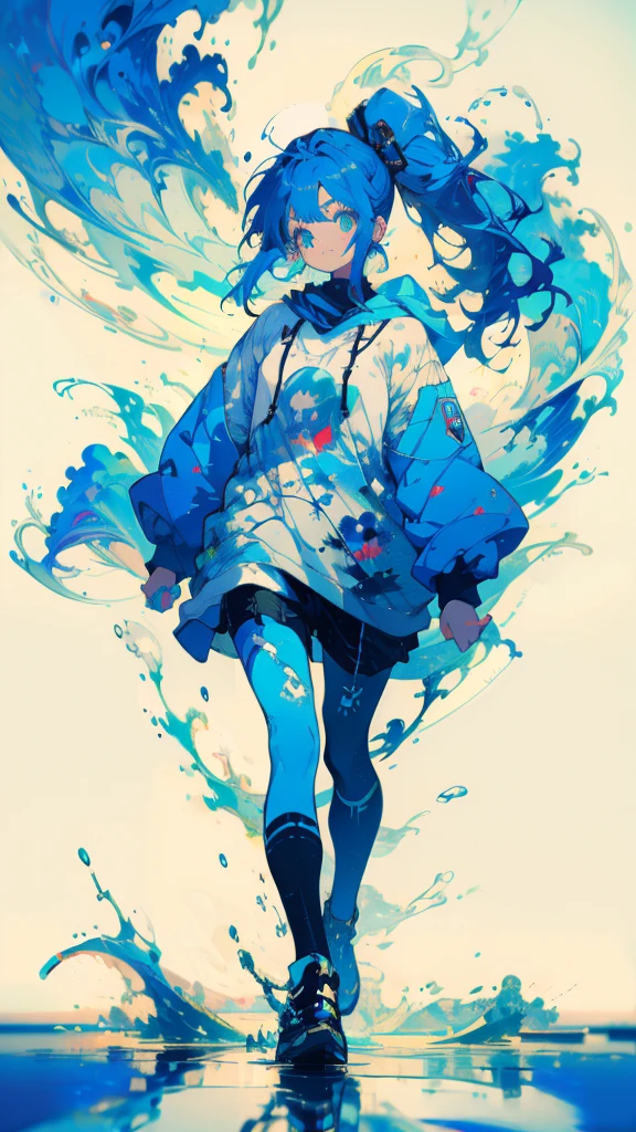 Blue-haired side ponytail,Design clothing,Seven-doppelganger shot,Anime style 4K,Anime girl with teal hair,High quality anime art style,Standing painting,Splash ink background,Blue Themes。