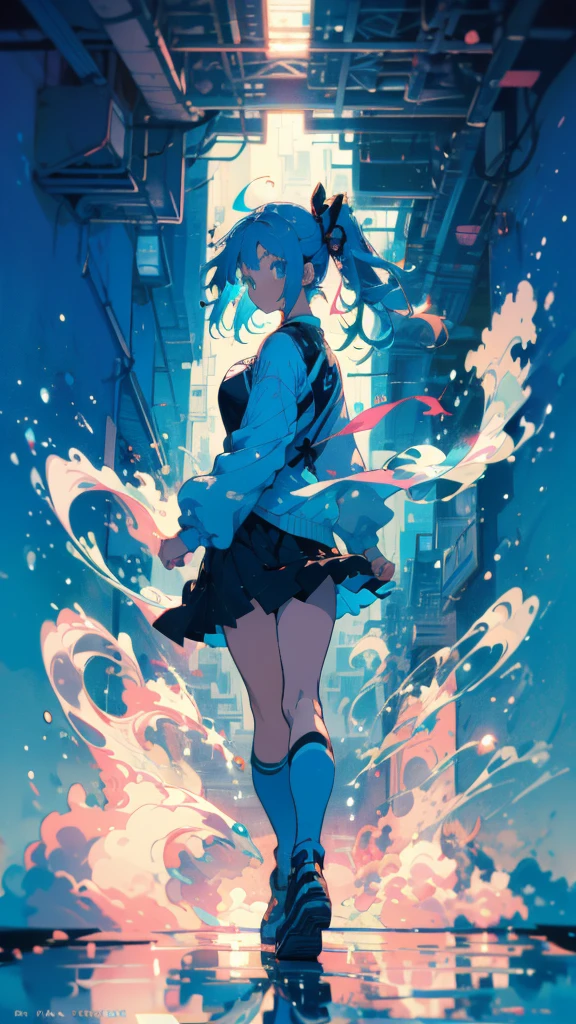 Blue-haired side ponytail，Design clothing，Seven-doppelganger shot，Anime style 4K，Anime girl with teal hair，High quality anime art style，Standing painting，Splash ink background，Blue Themes。