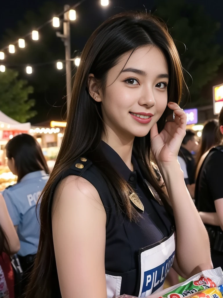 A lively night market. Female police officer, Carry snacks, And her face is full of joy and satisfaction、Huge