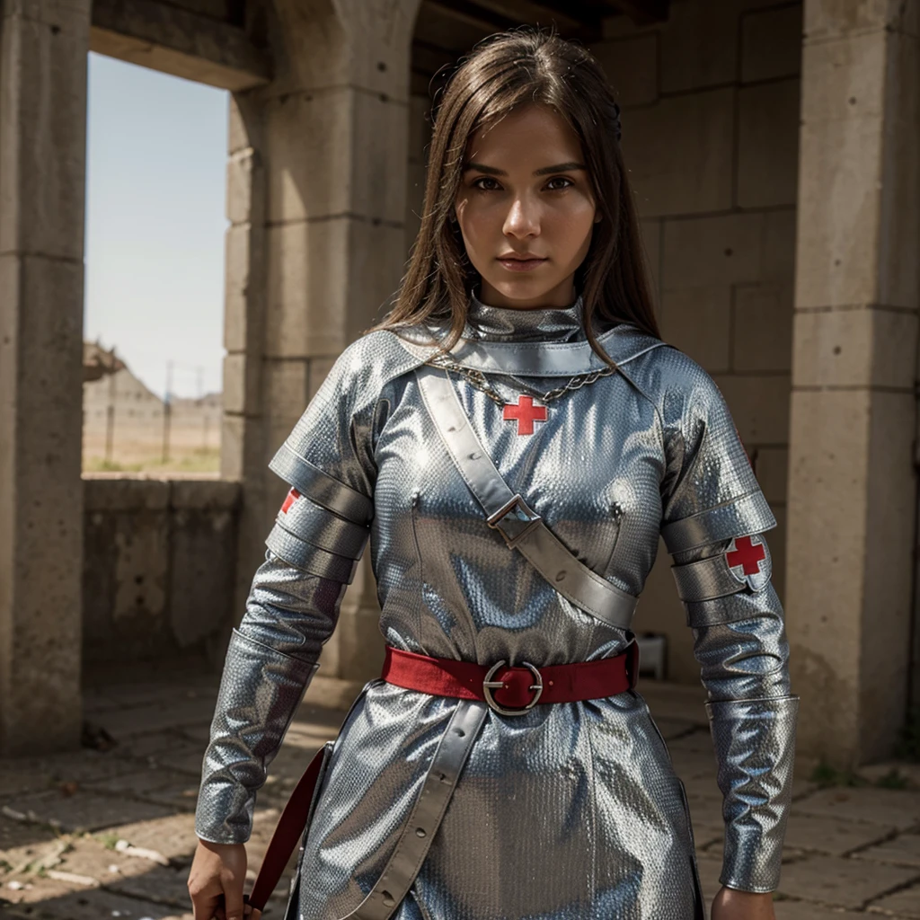 An armed female Christian crusader on campaign, Please wear a white gambeson with a red cross on it and chainmail underneath,