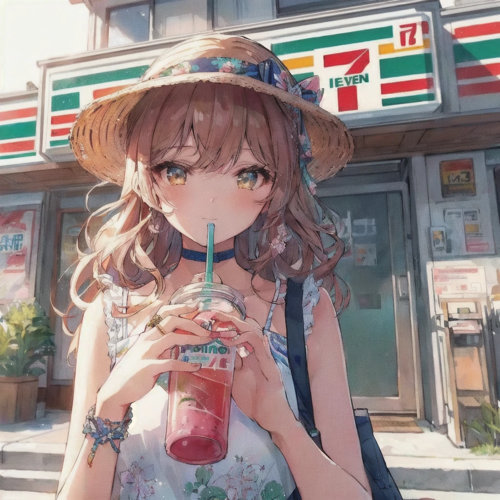 Anime girl drinking a drink outside a convenience store, Seven-Eleven,7-11,Soda themed girl, Anime girl drinking juice, 80s anime style,Lofi, 4k anime wallpaper, Lo-fi Girl, artwork in the style of Gwaiz, 4K Manga Wallpapers, Cute girl anime visuals, anime wallpaper 4k, anime wallpaper 4k, Gwaiz