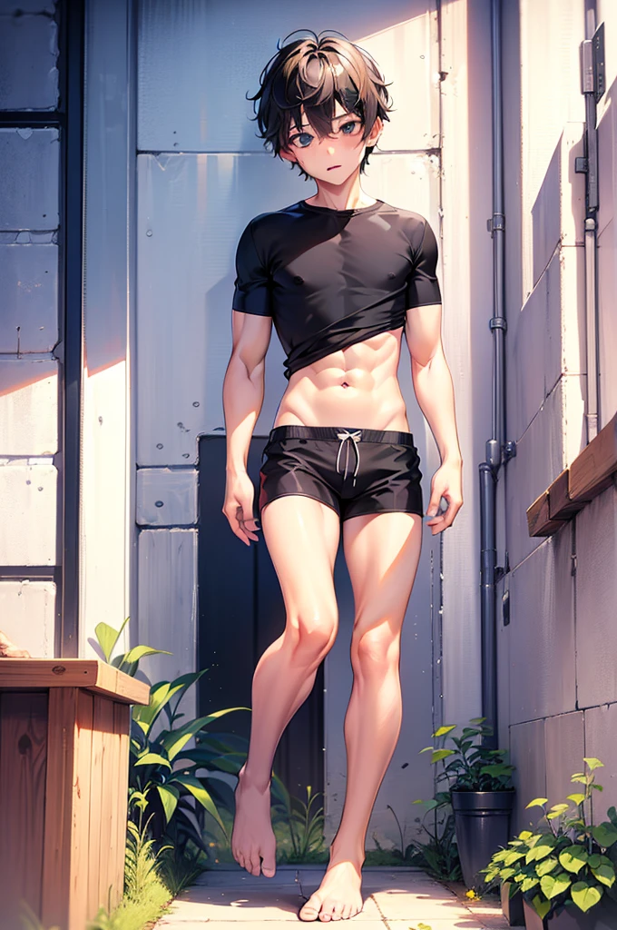 (4k, best quality, masterpiece:1.2), ultra-detailed, realistic, photorealistic, HDR, UHD, studio lighting, extremely detailed eyes and face, beautiful detailed eyes, beautiful detailed lips, longeyelashes, young man with back-colored hair, black eyes, barefoot, stand, focused on feet, sexy and muscular legs, blushing, youthful:1.4, boy:1.4, shota:1.4, male:1.4, handsome:1.4, abs, muscular physique, 16-year-old boy, 175cm tall, well-defined muscle lines,black shorts,show his muscle,he want to fuck the viewer