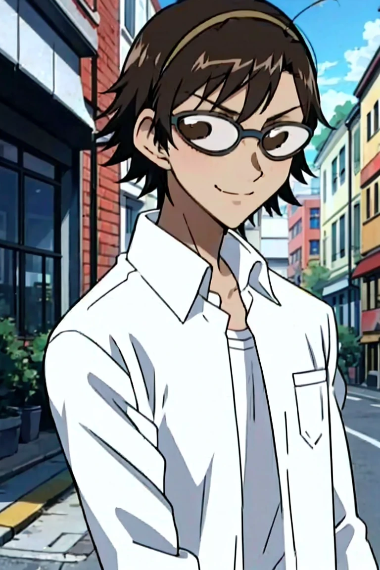 1 boy and 1 girl stand in the street,sawachika eri, brown eyes, hair ribbon,harimakenji, glasses, hairband, looking_at_viewer, serious, gakuran, white_shirt,smile,happy