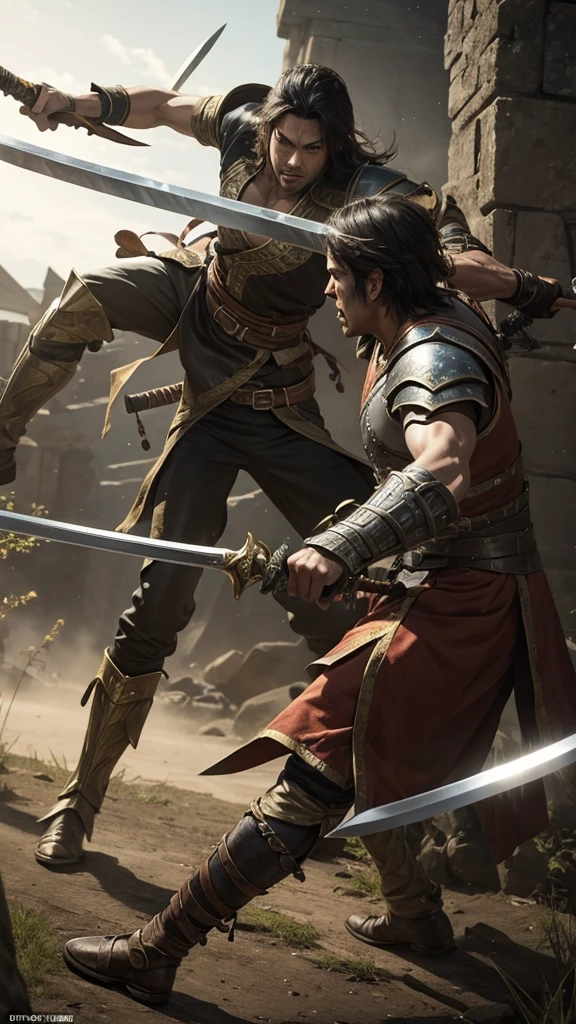 A fierce battle between a dual-wielding swordsman and a spearman