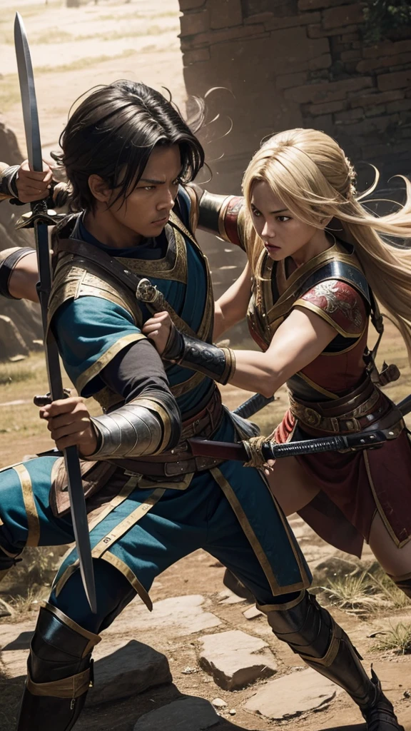 A fierce battle between a dual-wielding swordsman and a spearman