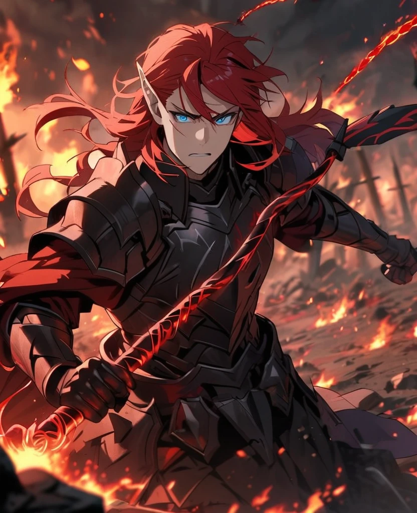 male,pierced pointed ears,red long hair, blue eyes,broken red and black armour,dark magic,dark expression,fire whip,dark sword,on a battlefield