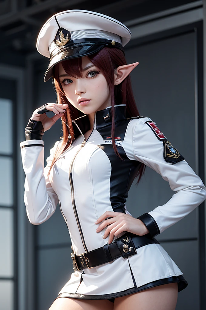 Create a highly detailed 3D rendering of a character named Ulc from SEGA's PSO2. The character is an elf-like female with pointed ears and long, straight, dark red hair. She wears a futuristic, military-style uniform with gray and white colors. (small military garisson cap), The uniform includes a fitted jacket with intricate white designs, shoulder epaulets, and a skirt. She has a serious expression and is depicted with one hand near her ear as if she is communicating through a device.  (shiny skin)