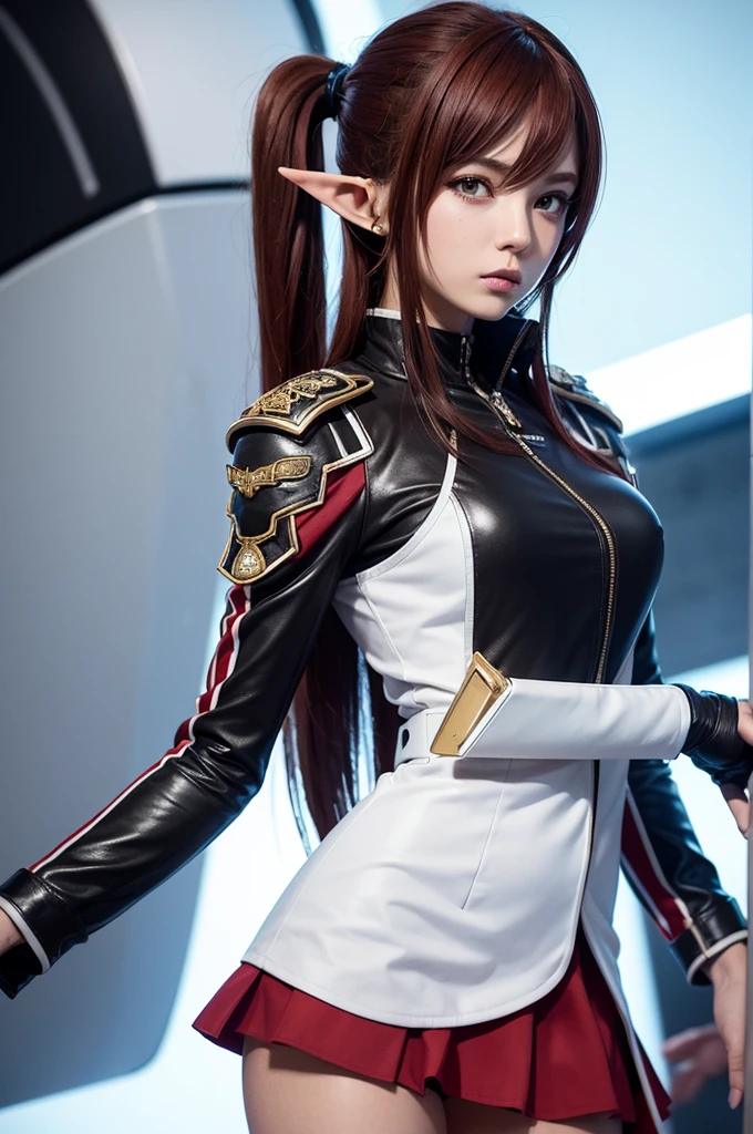 Create a highly detailed 3D rendering of a character named Ulc from SEGA's PSO2. The character is an elf-like female with pointed ears and long, straight, dark red hair. She wears a futuristic, military-style uniform with gray and white colors. (small military garisson cap), The uniform includes a fitted jacket with intricate white designs, shoulder epaulets, and a skirt. She has a serious expression and is depicted with one hand near her ear as if she is communicating through a device.  (shiny skin)