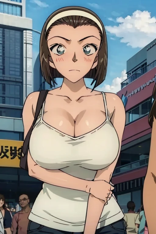 looking at the camera、When I Look at You、lookatviewer、Anime Style、Eroge、1 Girl,  (Huge breasts), (Tight white camisole dress)、Low Angle、Brown haired, hair band、Bob Hair、The forehead is visible、blush,The whole body is visible:1.5、Dolphin Shorts、Cleavage、O-neck