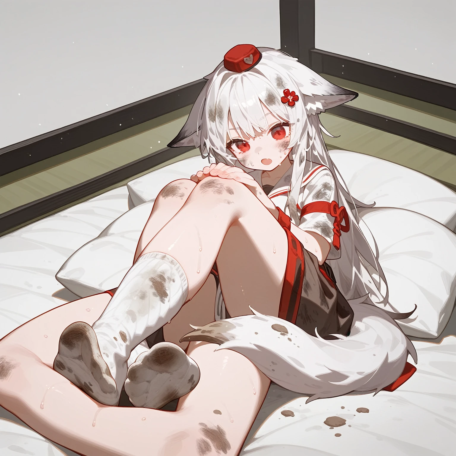 1 girl,dirty,foot,foot底,Red Eyes，breast,solitary,Long hair,White hair,,foot趾,foot部焦点,Looking at the audience,sit,Sweat,open mouth,dirty foot,Keep,indoor,Pillow,Bangs，White knee socks，Fox ears，There&#39;foot的泥土，White clothes，kimono，Japanese style，dirtyPillow，dirty床，女孩周围堆满Pillow，女孩踩踏2着Pillow，大量Pillow，Pillow上肮脏，,(Deluxe Rococo Canopy King Bed),On a big and spacious bed,(),,,,Luxurious curtains with ornate ruffles and ribbons surround the bed,((((There are many pillows piled on the bed)))),Detail of Quilt,Detailed bed sheets