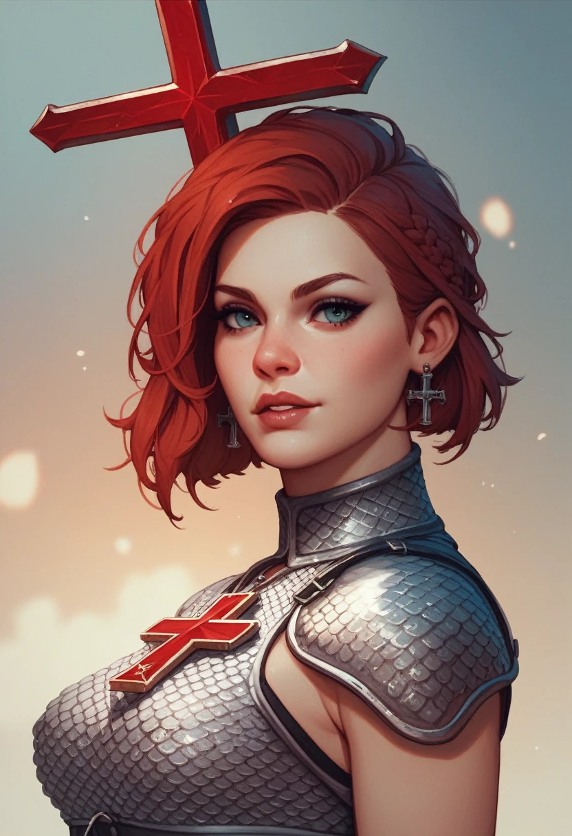 An armed female Christian crusader on campaign, Please wear a white gambeson with a red cross on it and chainmail underneath,