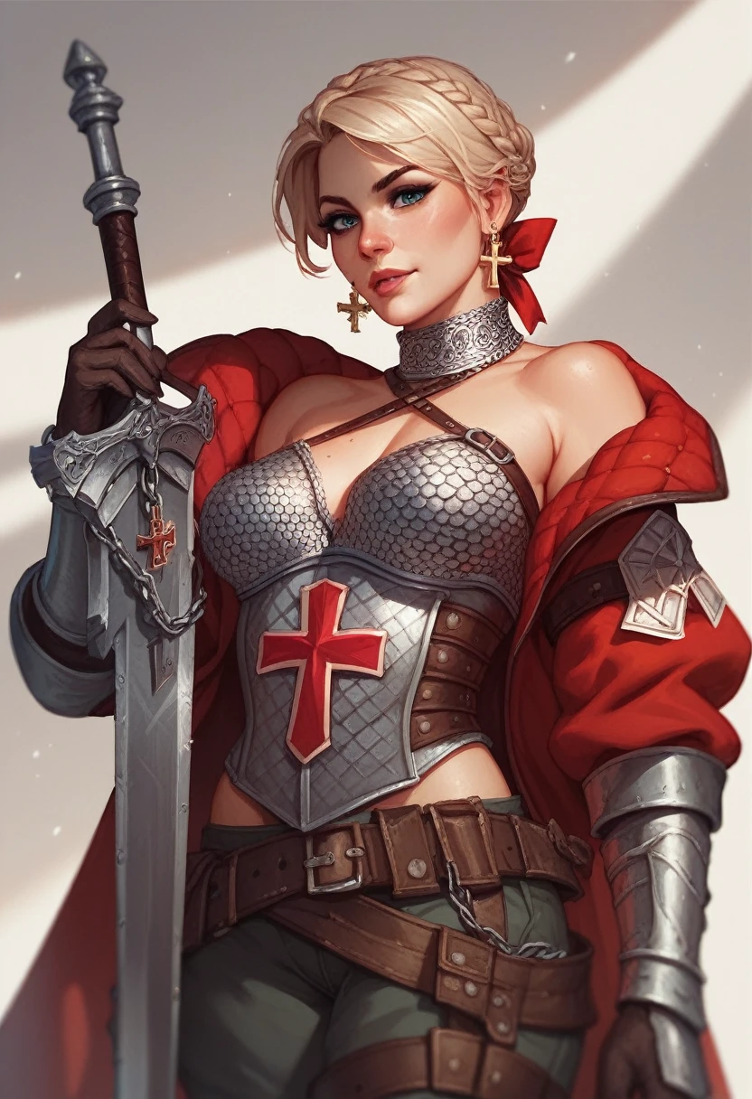  An armed female Christian crusader on campaign, Please wear a white gambeson with a red cross on it and chainmail underneath, 