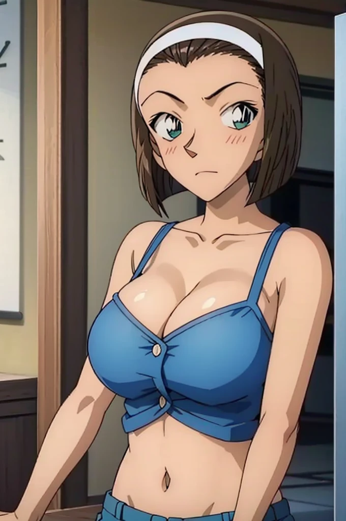 Looking into the camera、When I Look at You、lookatviewer、Anime Style、Eroge、1 Girl,  (Huge breasts), (Tight white cropped camisole)、Low - Angle、Brown haired, hair band、Bob Hair、The forehead is visible、blush,The whole body is visible:1.5、Dolphin Shorts、Cleavage、O-neck、Camisole with buttons on the chest