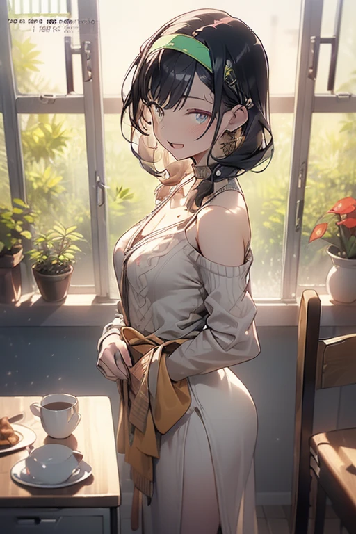 (small breasts:1.2), (perky chest:1.2), (pointed chest:1.2), (Pudding cake magazine cover:1.3),(from above:1.0),(from side:0.9),masterpiece, 1girl, Amazing Cleavage:1.1, thin waist, big ass, Raised sexy, posed cleavage:1.2、solo, looking at viewer, open mouth, have a cute grass of cute beergrass,black hair, dark green eyes, dress, bare shoulders, jewelry, collarbone, sidelocks, hairband, earrings, indoors, off shoulder, sweater, arms behind back, plant, short hair with long locks, gild hairband, off-shoulder dress, sweater dress, off-shoulder sweater, red sweater, dark gord hair, big side hair, very long side hair,is rendered in (masterpiece: 1.2, best quality), with (ultra high resolution) and an exquisite (depth of field). This masterpiece is not only visually stunning but also tells,A scene of cooking in the kitchen by classroom
