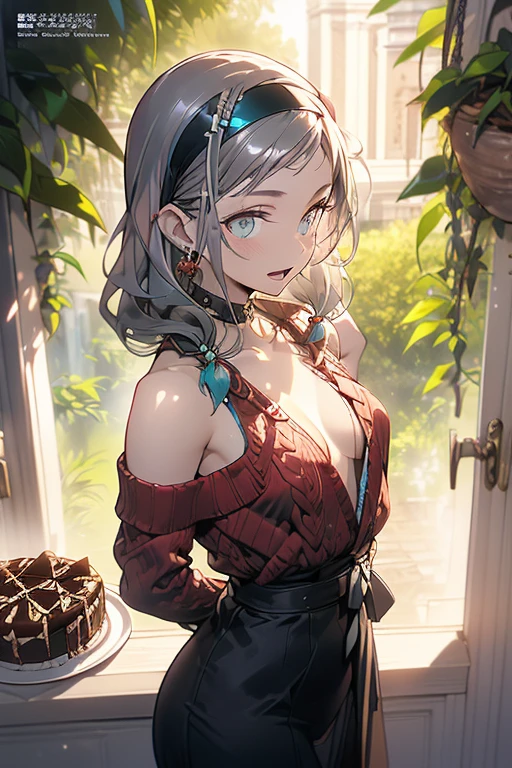 (small breasts:1.2), (perky chest:1.2), (pointed chest:1.2), (Pudding cake magazine cover:1.3),(from above:1.0),(from side:0.9),masterpiece, 1girl, Amazing Cleavage:1.1, thin waist, big ass, Raised sexy, posed cleavage:1.2、solo, looking at viewer, open mouth, have a cute grass of cute beergrass,black hair, dark green eyes, dress, bare shoulders, jewelry, collarbone, sidelocks, hairband, earrings, indoors, off shoulder, sweater, arms behind back, plant, short hair with long locks, gild hairband, off-shoulder dress, sweater dress, off-shoulder sweater, red sweater, dark gord hair, big side hair, very long side hair,is rendered in (masterpiece: 1.2, best quality), with (ultra high resolution) and an exquisite (depth of field). This masterpiece is not only visually stunning but also tells,A scene of cooking in the kitchen by classroom