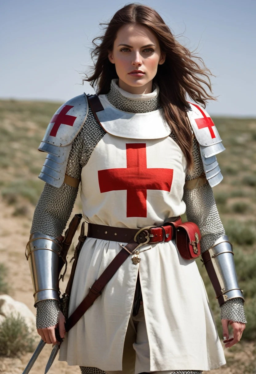  An armed female Christian crusader on campaign, Please wear a white gambeson with a red cross on it and chainmail underneath, 