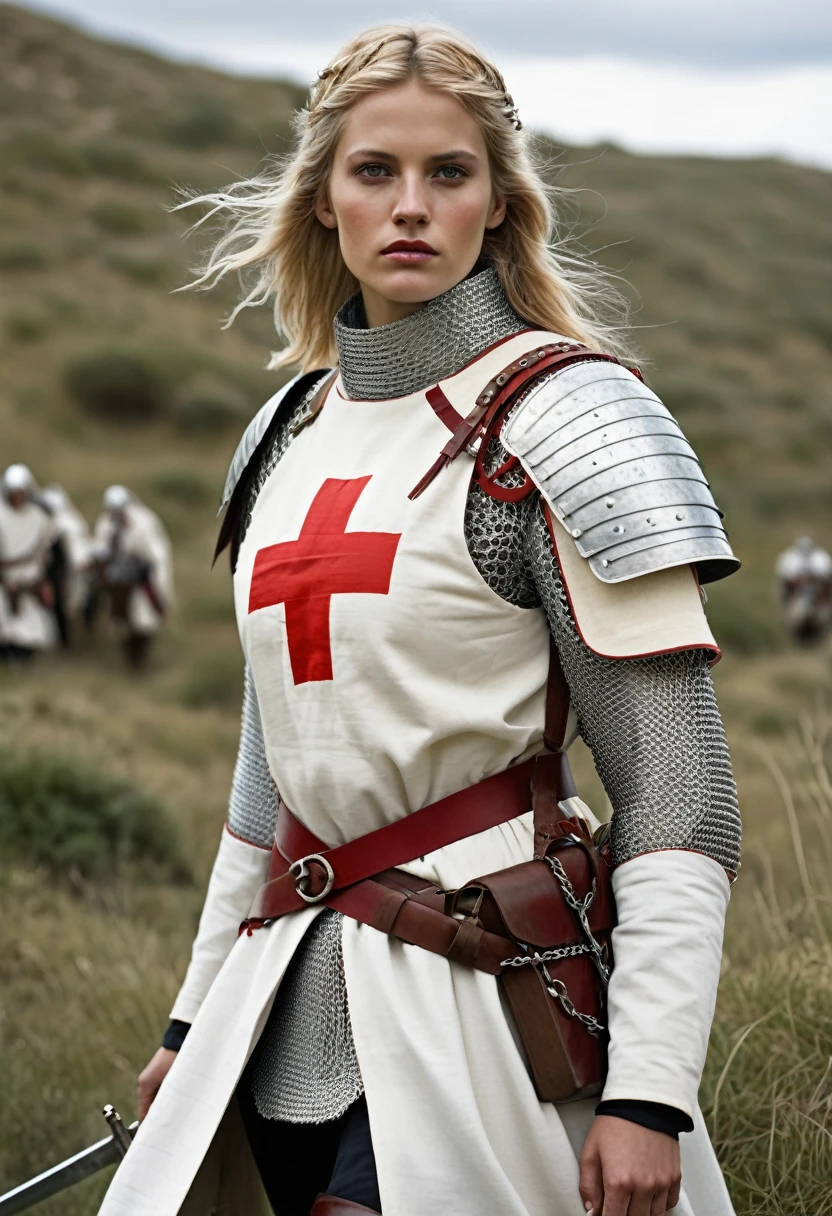  An armed female Christian crusader on campaign, Please wear a white gambeson with a red cross on it and chainmail underneath, 