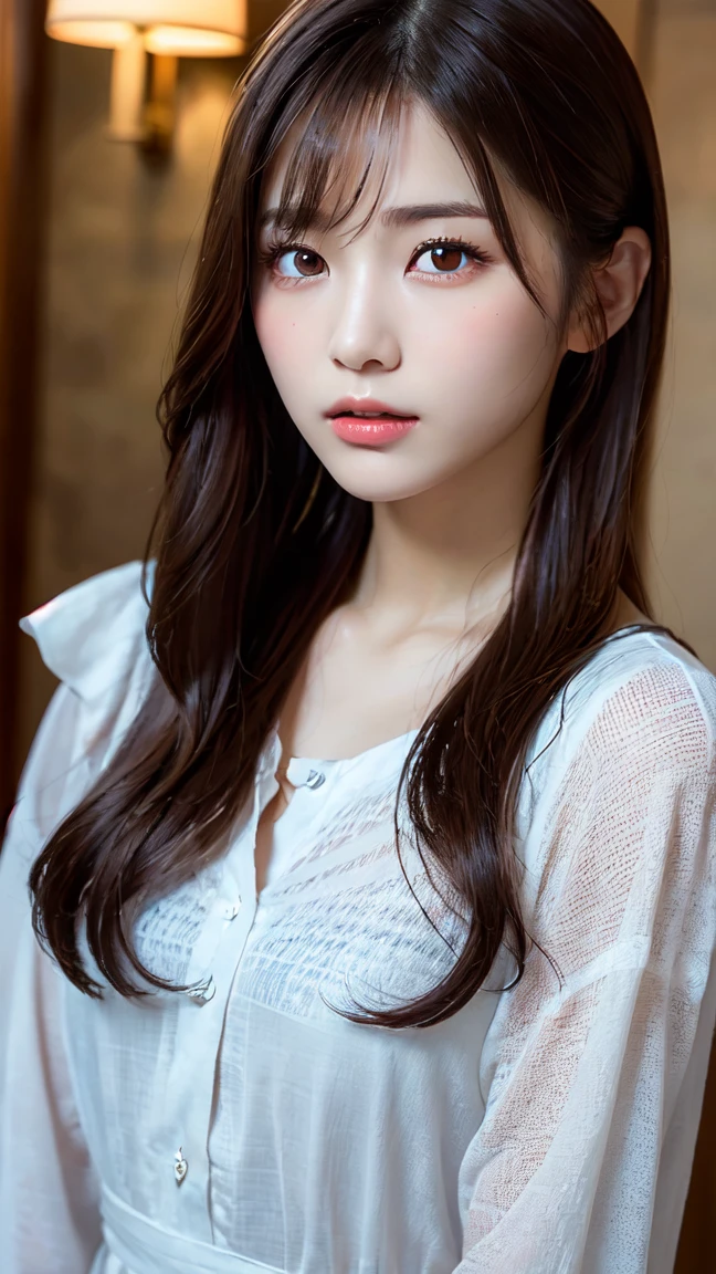 Highest quality, Face Focus, Soft Light, Ultra-high resolution, (Realistic:1.4), RAW Photos, 1 Japanese girl, alone, cute, (pupil, Light in your eyes), Beautiful face in every detail, (Small box),(High resolution detail of human skin texture), (Long Hair), indoor, Damask Shirt Dress