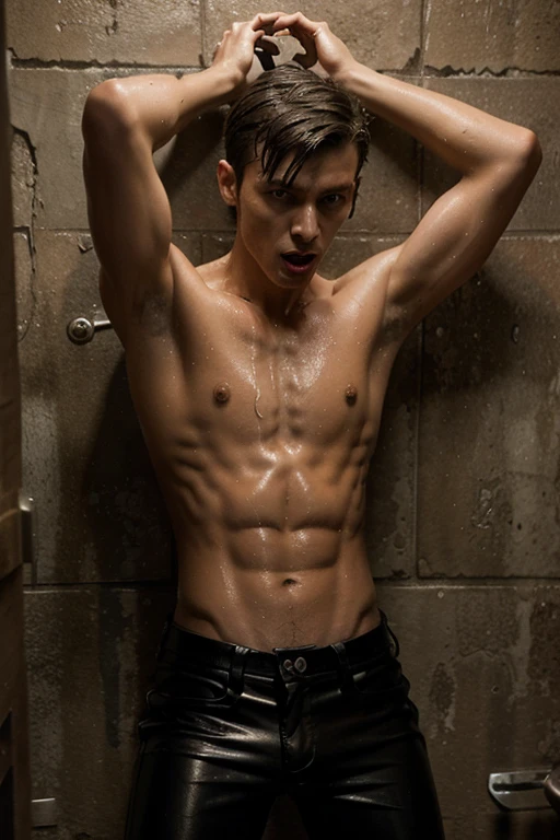 A shirtless skinny young man in wet leather pants screams while locked up in dungeon jail cell