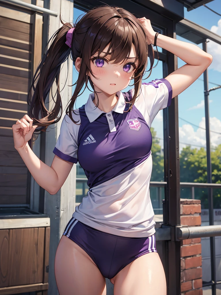 girl, brown hair tied in two, purple eyes, wear uniform, her hair is tied. strong girl, intrepid, sports uniform, domination type, her hair is twins ponytails, girl who loves sports, intrepid, punch, thug, Track and Field Club, 