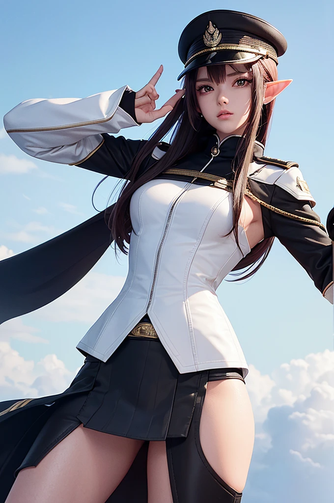 Create a highly detailed 3D rendering of a character named Ulc from SEGA's PSO2. The character is an elf-like female with pointed ears and long, straight, dark red hair. She wears a futuristic, military-style uniform with gray and white colors. (small military garisson cap), The uniform includes a fitted jacket with intricate white designs, shoulder epaulets, and a skirt. She has a serious expression and is depicted with one hand near her ear as if she is communicating through a device. (shiny skin)