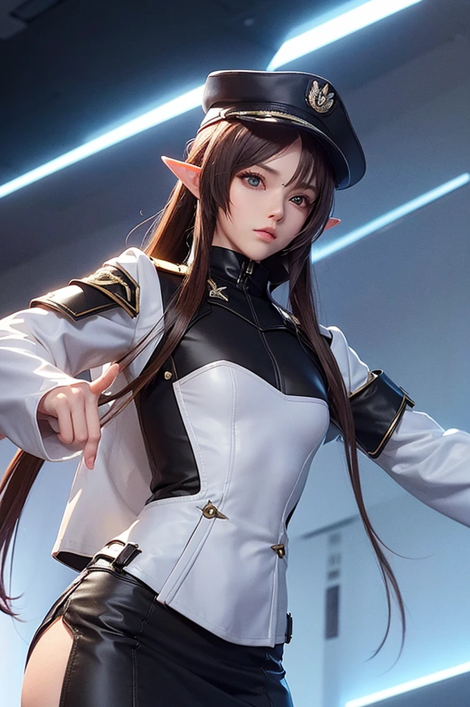 Create a highly detailed 3D rendering of a character named Ulc from SEGA's PSO2. The character is an elf-like female with pointed ears and long, straight, dark red hair. She wears a futuristic, military-style uniform with gray and white colors. (small military garisson cap), The uniform includes a fitted jacket with intricate white designs, shoulder epaulets, and a skirt. She has a serious expression and is depicted with one hand near her ear as if she is communicating through a device. (shiny skin)