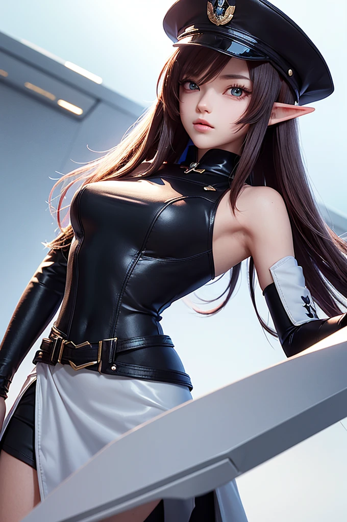 Create a highly detailed 3D rendering of a character named Ulc from SEGA's PSO2. The character is an elf-like female with pointed ears and long, straight, dark red hair. She wears a futuristic, military-style uniform with gray and white colors. (small military garisson cap), The uniform includes a fitted jacket with intricate white designs, shoulder epaulets, and a skirt. She has a serious expression and is depicted with one hand near her ear as if she is communicating through a device. (shiny skin)