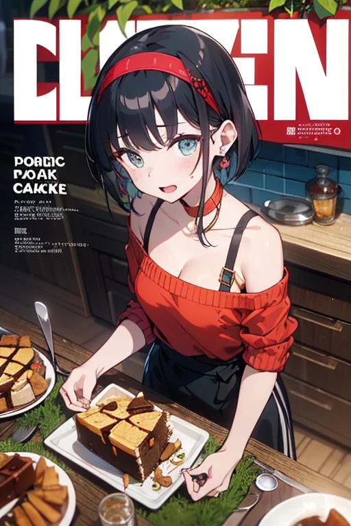 (small breasts:1.2), (perky chest:1.2), (pointed chest:1.2), (Pudding cake magazine cover:1.3),(from above:1.0),(from side:0.9),masterpiece, 1girl, Amazing Cleavage:1.1, thin waist, big ass, Raised sexy, posed cleavage:1.2、solo, looking at viewer, open mouth, have a cute grass of cute beergrass,black hair, dark green eyes, dress, bare shoulders, jewelry, collarbone, sidelocks, hairband, earrings, indoors, off shoulder, sweater, arms behind back, plant, short hair with long locks, gild hairband, off-shoulder dress, sweater dress, off-shoulder sweater, red sweater, dark gord hair, big side hair, very long side hair,is rendered in (masterpiece: 1.2, best quality), with (ultra high resolution) and an exquisite (depth of field). This masterpiece is not only visually stunning but also tells,A scene of cooking in the kitchen by classroom