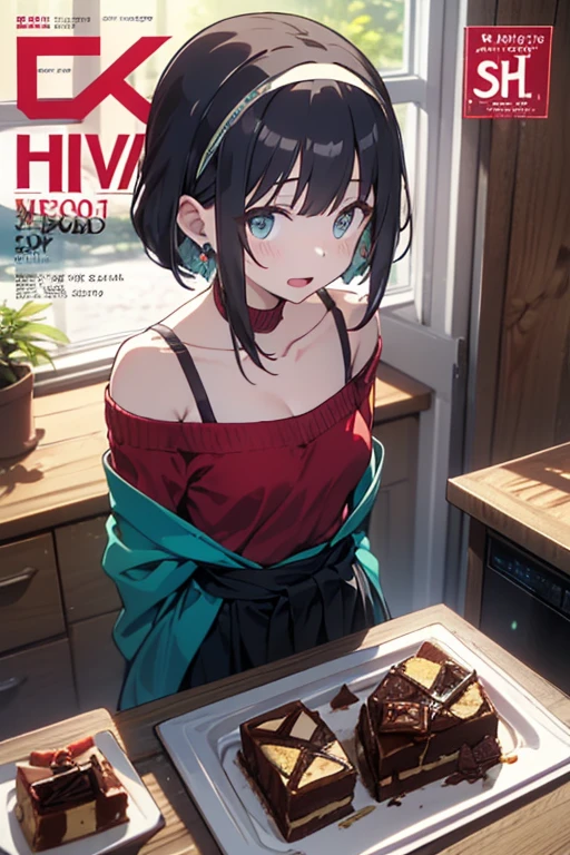 (small breasts:1.2), (perky chest:1.2), (pointed chest:1.2), (Pudding cake magazine cover:1.3),(from above:1.0),(from side:0.9),masterpiece, 1girl, Amazing Cleavage:1.1, thin waist, big ass, Raised sexy, posed cleavage:1.2、solo, looking at viewer, open mouth, have a cute grass of cute beergrass,black hair, dark green eyes, dress, bare shoulders, jewelry, collarbone, sidelocks, hairband, earrings, indoors, off shoulder, sweater, arms behind back, plant, short hair with long locks, gild hairband, off-shoulder dress, sweater dress, off-shoulder sweater, red sweater, dark gord hair, big side hair, very long side hair,is rendered in (masterpiece: 1.2, best quality), with (ultra high resolution) and an exquisite (depth of field). This masterpiece is not only visually stunning but also tells,A scene of cooking in the kitchen by classroom