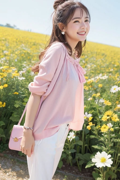 Cute casual fashion woman、Wearing pastel clothes、The background is a spring flower field、Smiling and happy expression