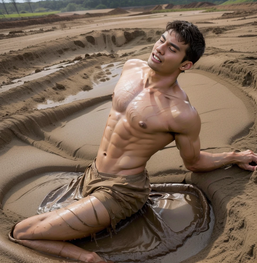 Handsome, muscular shirtless man sinks in a mud pit , smudged , covered in mud, high quality photos