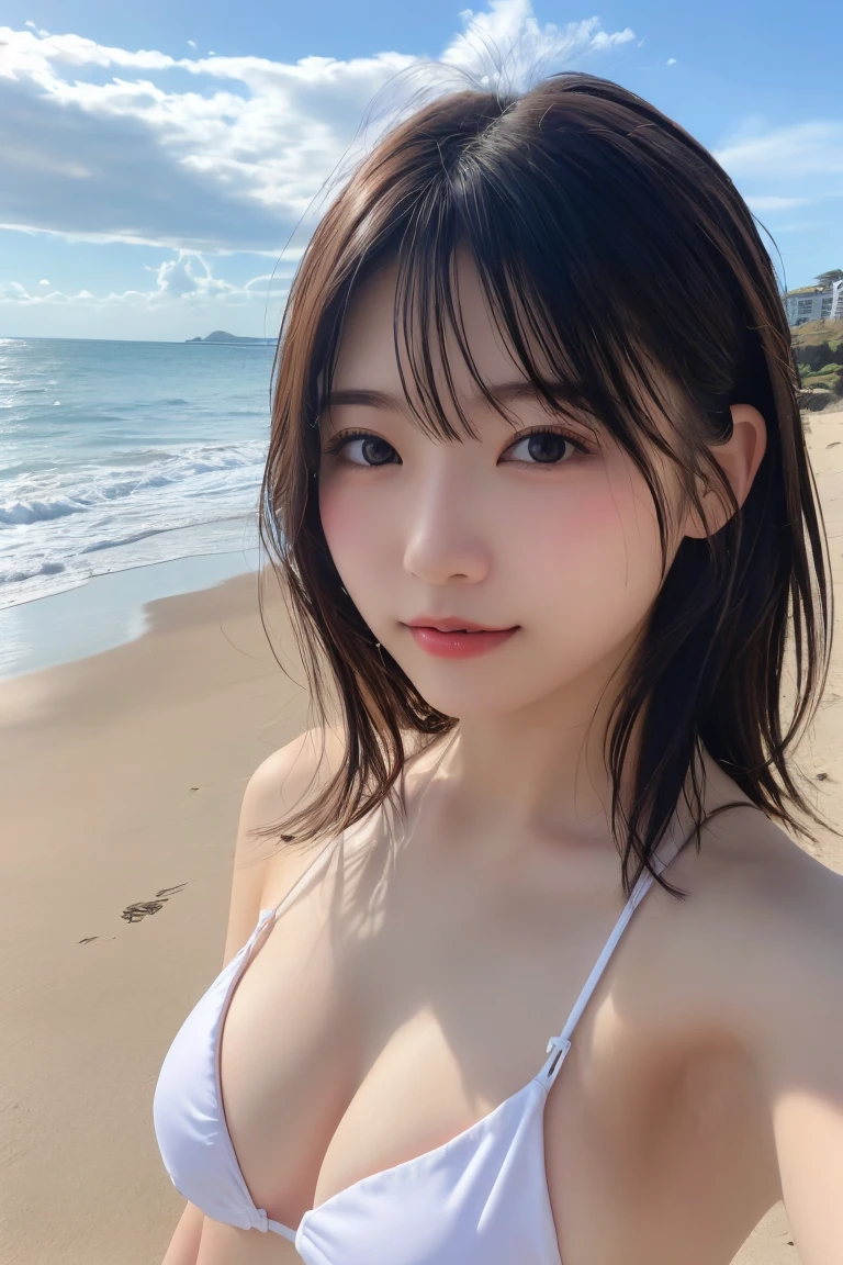 Highest quality, (beautiful)、Micro Bikini、Close-up、Larger breasts、Brown Hair、looking at the camera、Selfie、Beach、Kiss