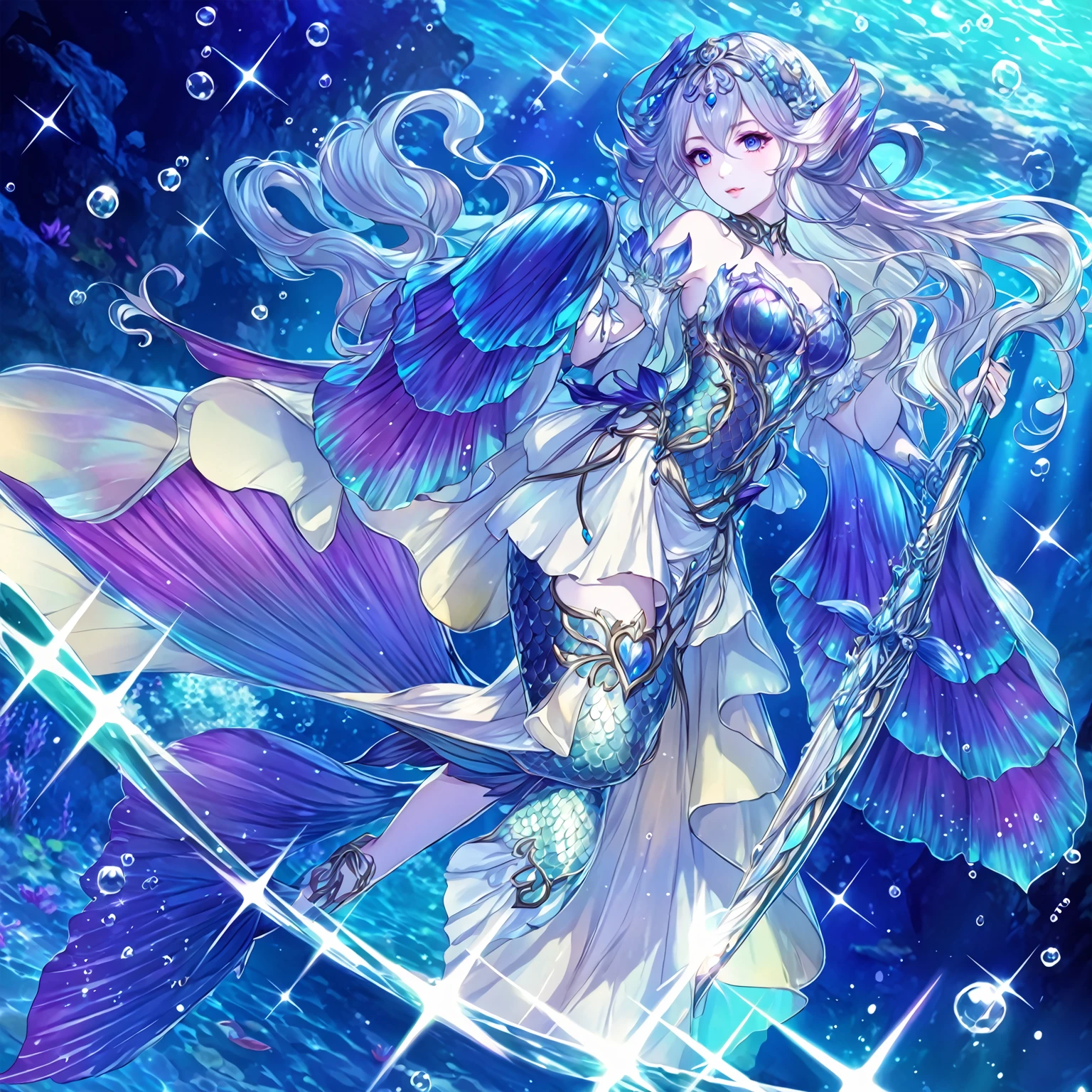 masterpiece, best quality, 1woman adult, female focus, solo,  Fantasy aesthetics, Highly detailed, shadowverse style, mermaid