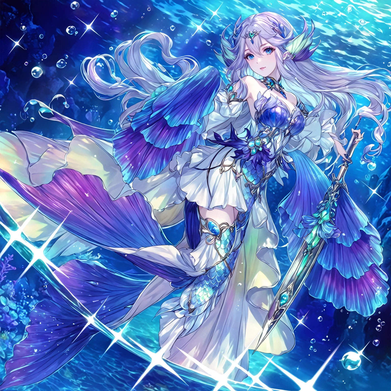 masterpiece, best quality, 1woman adult, female focus, solo,  Fantasy aesthetics, Highly detailed, shadowverse style, mermaid