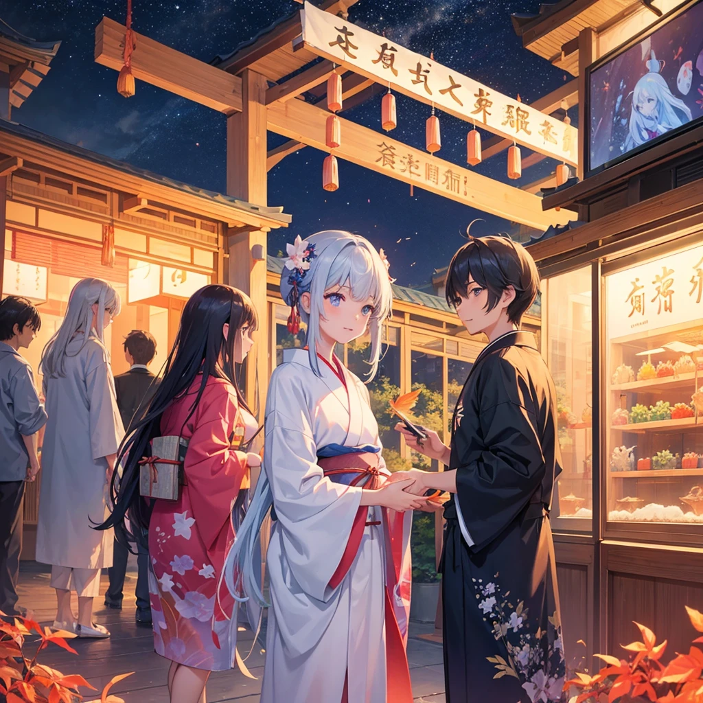 Tanabata in the night sky　Girls and men in Chinese style kimonos（lover）　Bamboo forest and paper strips　Have shaved ice　restaurant　Multiple display monitors in the background（anime　）　Aquarium（Goldfish）
