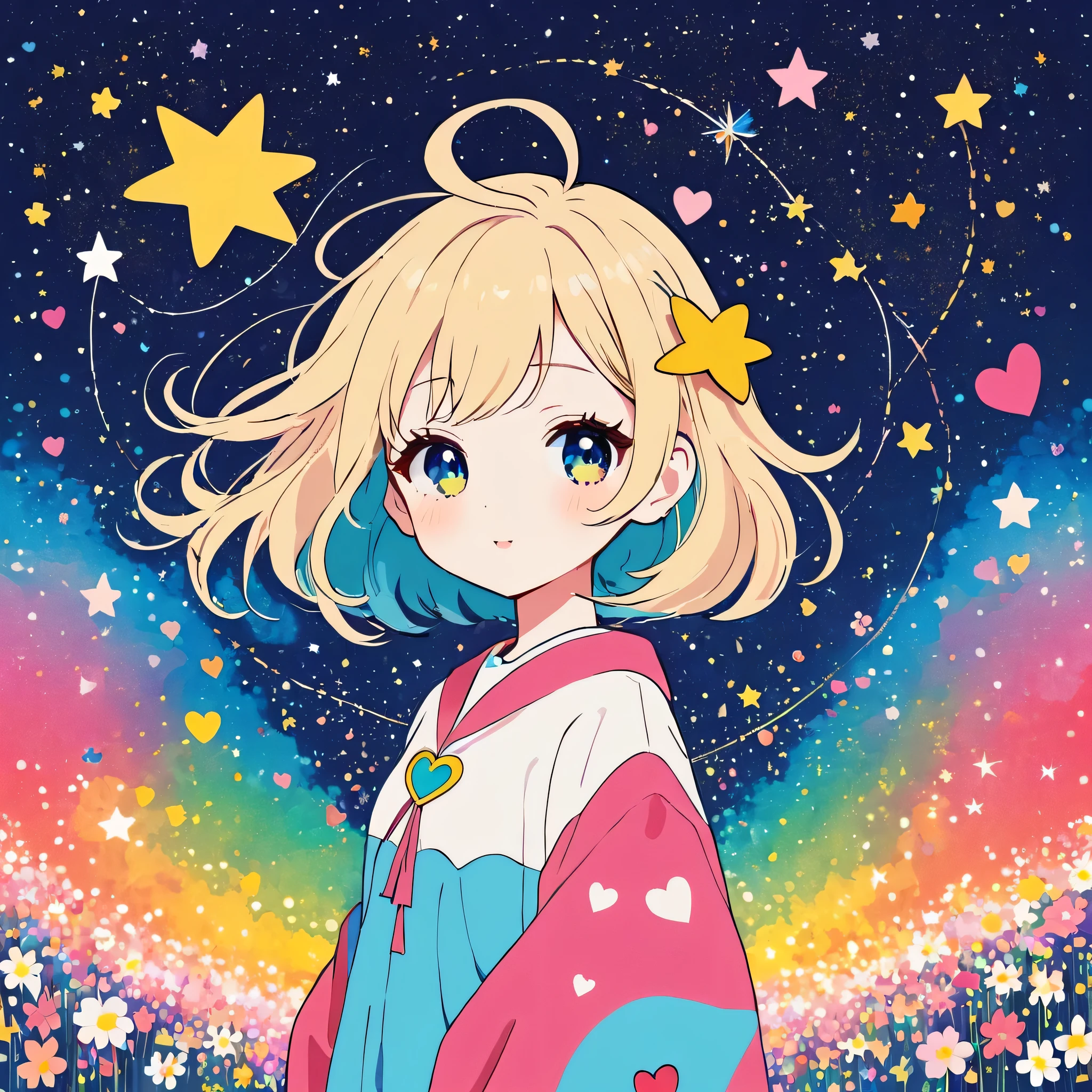 Mika Pikazo style, Simple Line Initialism，Abstract art，Kawaii Design, The most beautiful girl of all time、chibi, The background is star dust, colorful hearts, colorful flowers,