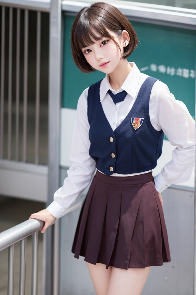 A girl with short hair that is slightly longer than her ears。Rolling up the skirt of a uniform。