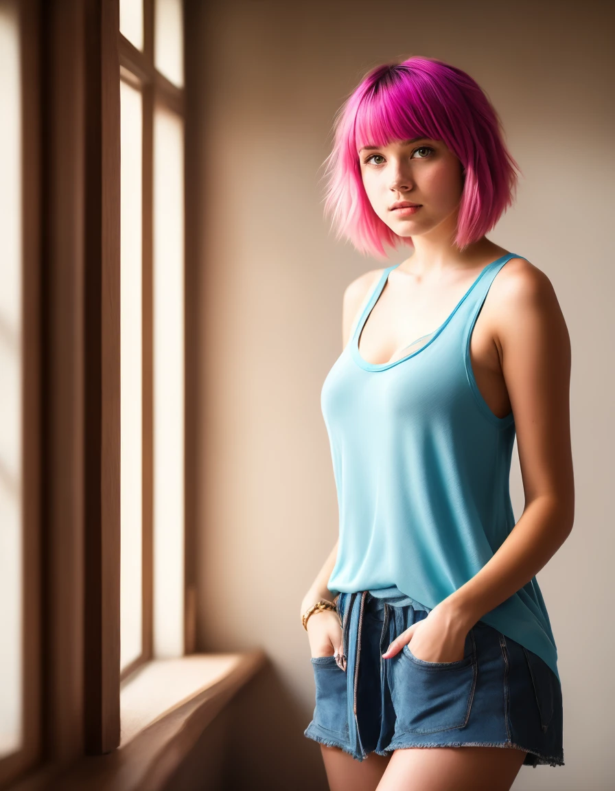 award winning portrait of cute 21 year old emo girl with blunt bangs, bob cut, pink hair, wearing a loose blue tank top, dramatic lighting but warm flesh colors, Intricate Detail, Soft Focus, Masterpiece, Concept Art analoW photo by Greg Rutkowski, upper body in frame
