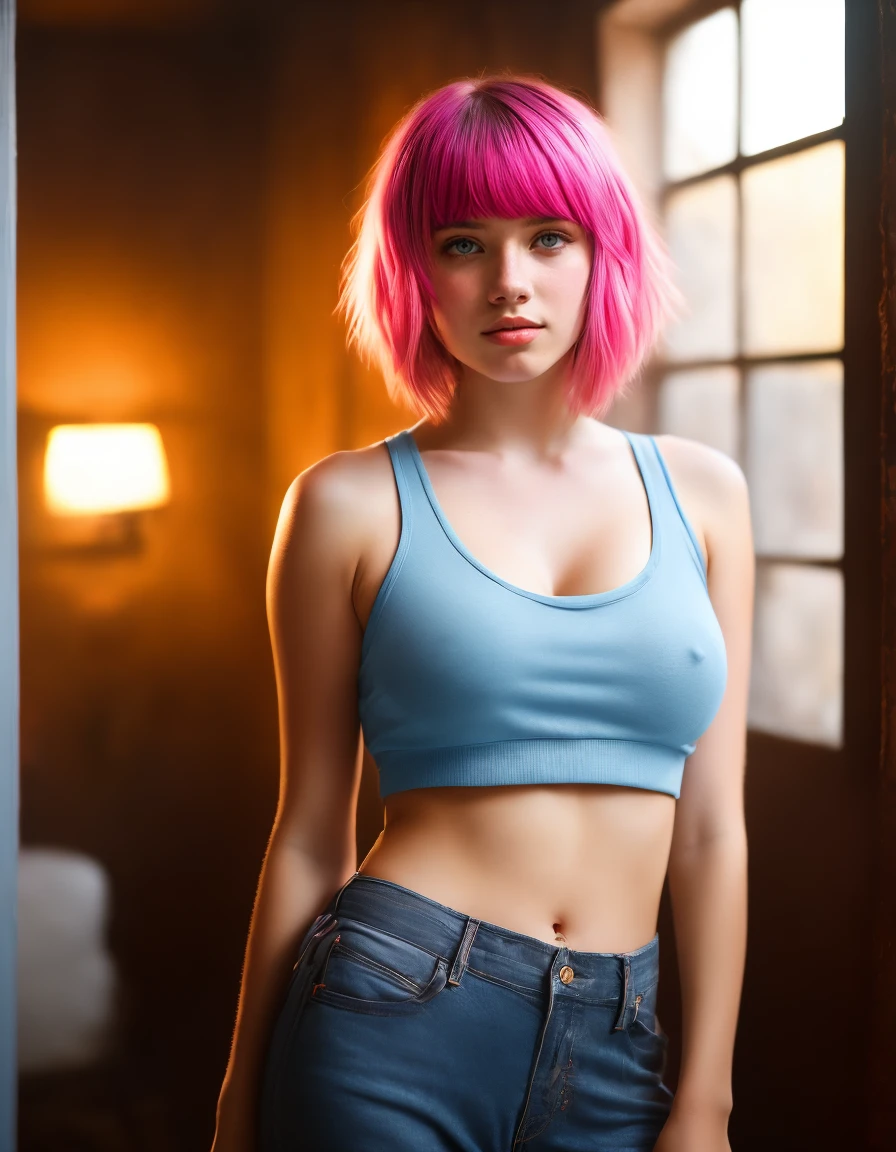 award winning portrait of cute 21 year old busty emo girl with blunt bangs, bob cut, pink hair, wearing a loose blue tank top, dramatic lighting but warm flesh colors, Intricate Detail, Soft Focus, Masterpiece, Concept Art analog RAW photo by Greg Rutkowski, upper body in frame
