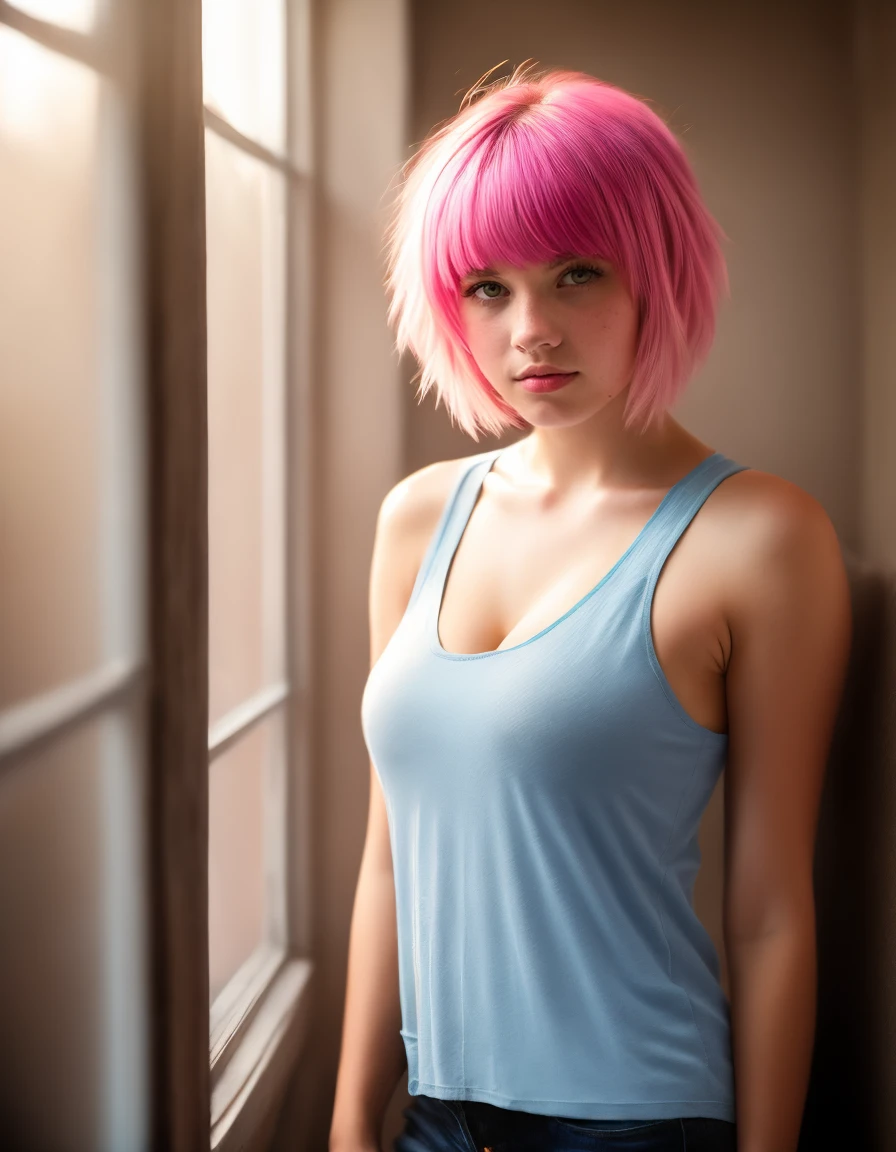 1 girl, standing alone, shorth hair, greeneyes, chemise, jewerly, trunk, pink hair, parted lips, teeths, necklase, blurry, lips, blurry background, Messy hair, breastsout, medium breastsout, へそ, jeans, waist belt, freckles, realisitic