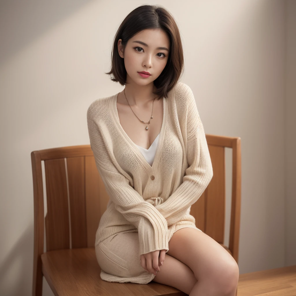 (Tabletop,Highest quality)), (Photorealistic:1.4),(((Tabletop,8K)),White wall,(White Room),((Full body photo))),Photographed in natural light,Highly detailed face and skin texture,Highly detailed lips,The correct state of the human body,Ultra-high resolution,(Photorealistic:1.4),Highest quality, One beautiful woman, 38 years old, s, 60mm lens, light beige knit,(Medium Hair),Japanese women,(Black Hair),Various poses,looking at the camera,Natural lip color, necklace