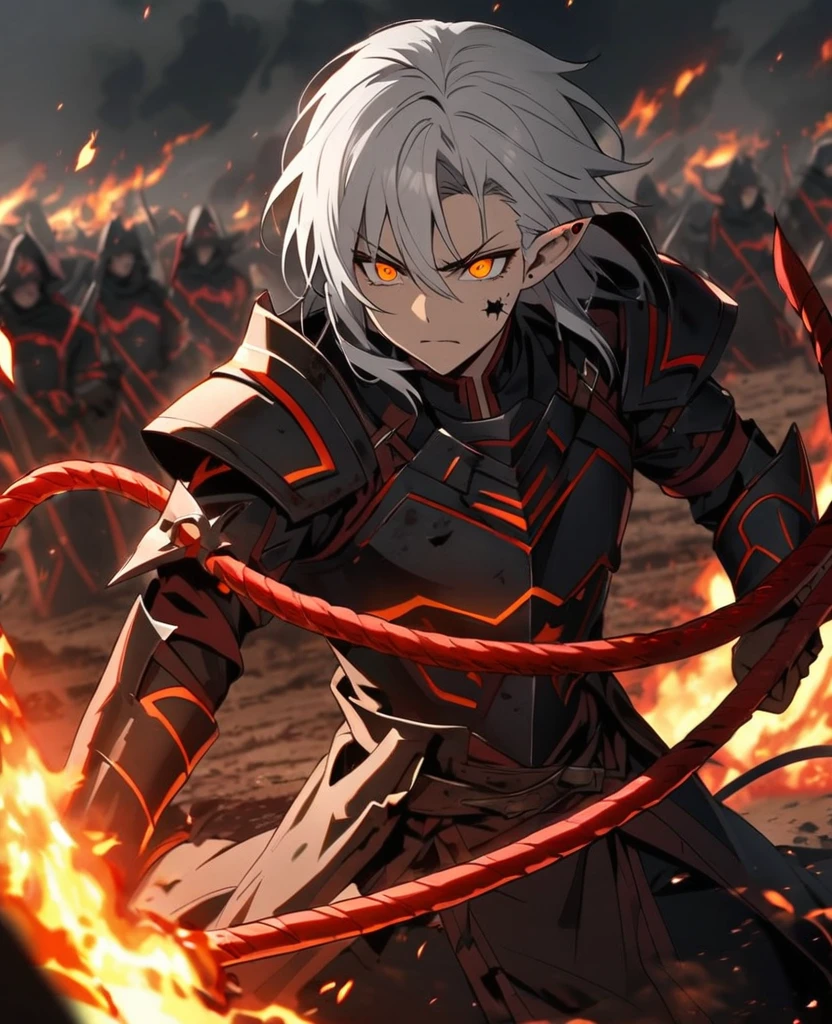 male,pierced pointed ears,white hair,orange eyes,broken red and black armour,dark magic,dark expression,fire whip,dark sword,on a battlefield