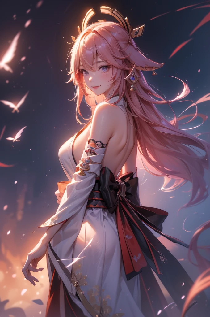 ((yaemikodef)):1.5, ((masterpiece,Highest quality,Highly detailed images,Beautiful images、Dutch Angle)), (Image of yaemiko smiling in front of lightning、Overall dim lighting、Backlight、Fantastic dark atmosphere、Thick Fog、Dust flutters),(Dynamic pose)1.2, sideboob