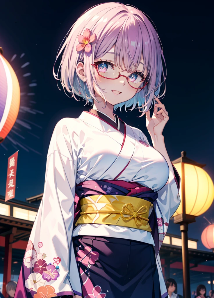 akaneshinjou, shinjou akane, Light purple hair, (Pink Eyes:1.2), happy smiles, Flower Hair Ornaments,smile, Open your mouth,short hair,Red-rimmed glasses,Big Breasts,Purple kimono,Long skirt,Thick sleeves,Japanese Festivals,Summer festival food stalls,Red Lantern,firework,場所はfirework大会、Time is night,Are standing,whole bodyがイラストの中に入っていくように,
break looking at viewer, whole body, 　　　　　　　　break indoors, room,　　　　　　　　　　 　　　break (masterpiece:1.2), Highest quality, High resolution, unity 8k wallpaper, (shape:0.8), (Beautiful and beautiful eyes:1.6), Highly detailed face, Perfect lighting, Extremely detailed CG, (Perfect hands, Perfect Anatomy),