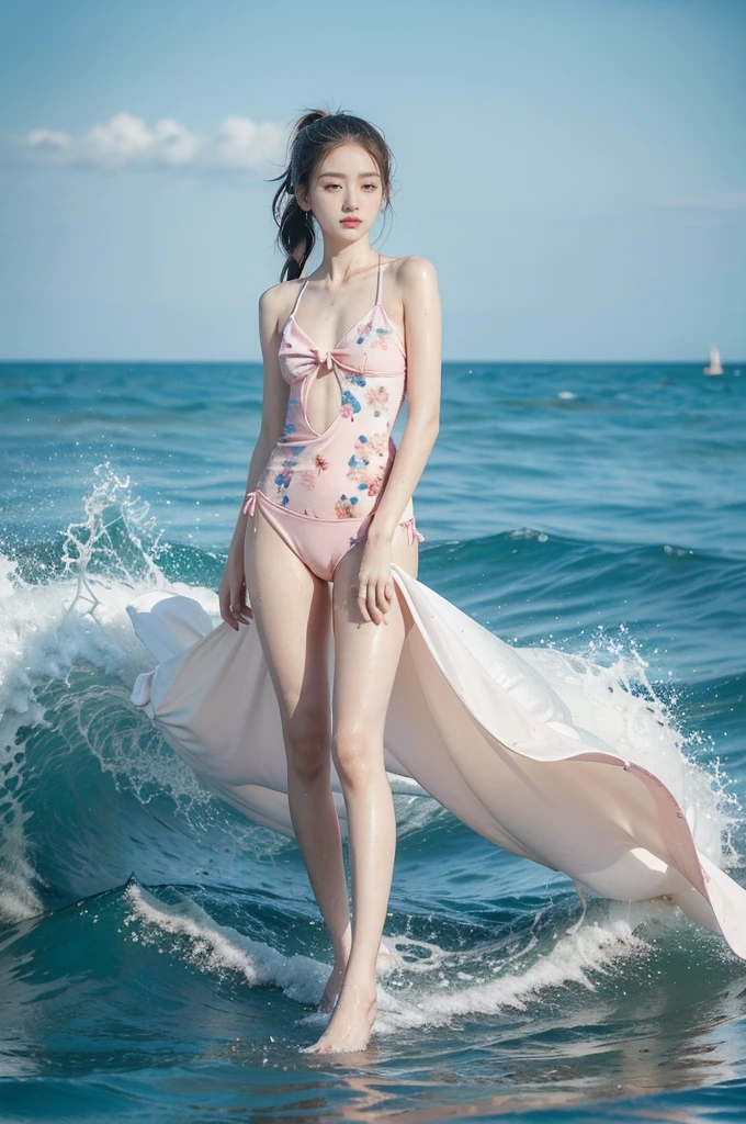 (((best quality))), (((ultra detailed))), (((masterpiece))), illustration,((1 beautiful young girl,solo)),((slim,thin)),(vibrant pink floral swimsuit:1.3),((small breasts,flat chest)),(short ponytail:1.2),((shiny skin,sweat,wet)),(slender legs:1.2),seaside, summer, joyful, playful, physical features, smooth fair skin, gentle sea breeze, endless azure sky, picturesque backdrop, whiteness of sand, deep blues of the sea, waves crashing, internal turmoil, transformation,on the cusp of womanhood, confidence, sexuality, metaphorical plunge, next chapter of life,significance of the moment, beauty of the seaside, celebration of youth, excitement of summer ahead,(standing:1.3),(from front:1.3),(full body:1.2)