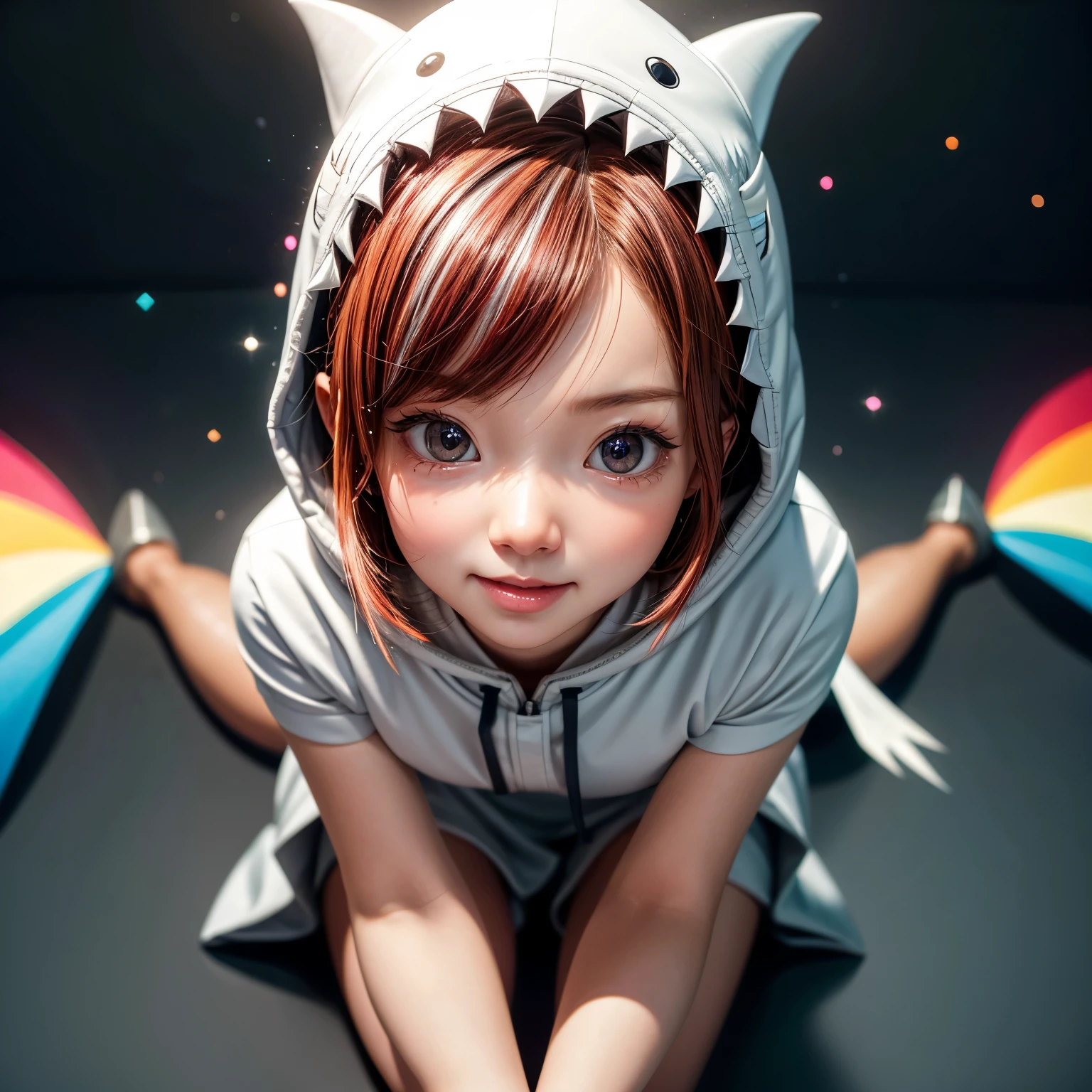 ((Skinny Shark BodySuit, Stuffed shark head hood)with Fin White Teeth), 8k, High-level, absurd, masterpiece, best quality, primitive, very detailed CG, very detailed wallpaper, perfect lighting, Extremely detailed ((( personifying " Shark" as a Little Girl))), MysticSight, Tyndall effect, Tyndall scattering, (Studio gray background with (Overflowing oodles Dazzling RainbowColorParticles (BokeH))), (BrightRed hair, RoundlyButts, Leg Fin), (Exposed:0.4), (Assfocus with looking ahead) BREAK (Acutance:0.88), (NOGIZAKA face variations) Extremely Detailed very KAWAII face variations, perfect anatomy, Childish, CaptivatingGaze ElaboratePupils detailed Eyes with (sparkling highlights:1.28), (Voluminous LongEyelashes:0.88)、GlossyRED Lips with beautiful details, RosyCheeks, Radiant PearlSkin with Transparency . { (Dynamic LifeLike expressions:1.4) | (:d) }, (large eyes:-1) . ((animal ears:-1.2))