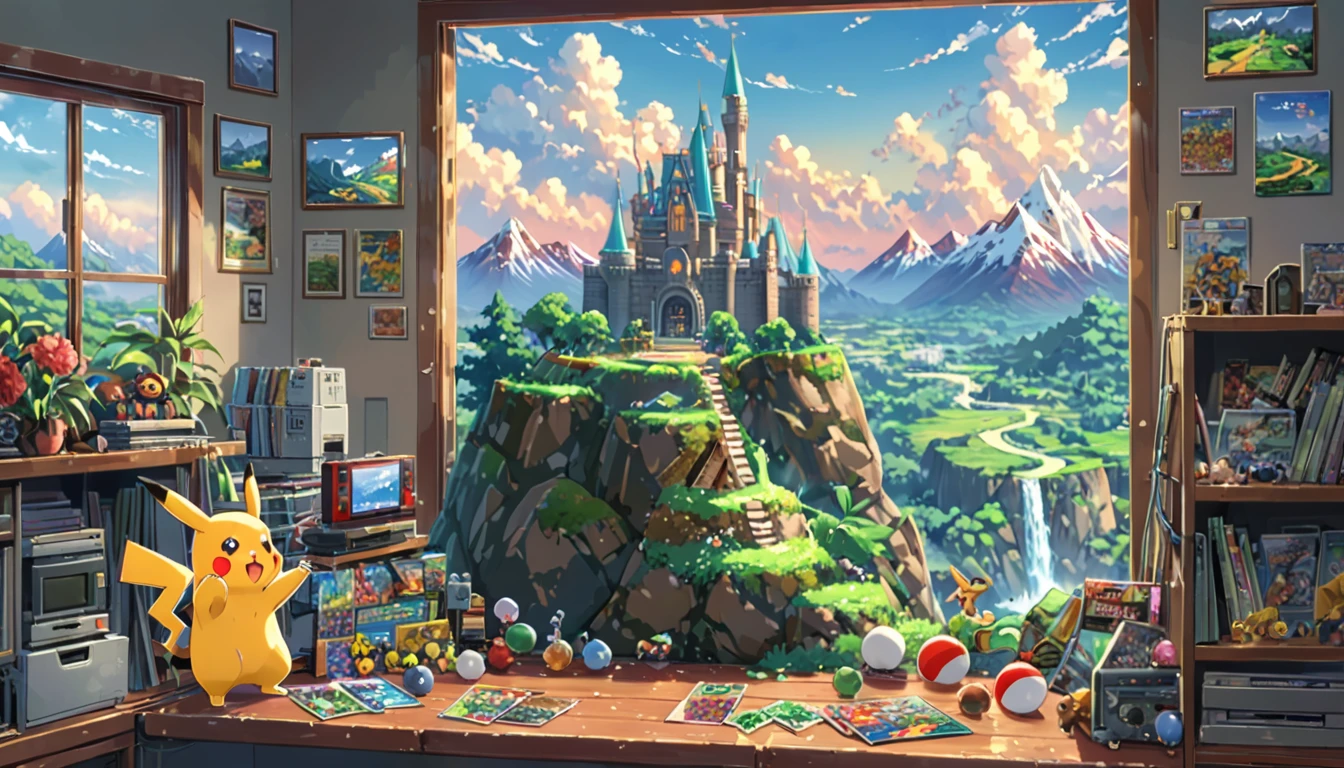 ((Anime: 1.4, Illustration)), (Masterpiece, Top Quality, Best Quality), (Ultra-Detailed, Absolutely Resolution), ((16k, HIGH RES)) (inspired by Nintendo. The scene should feature iconic elements like a vibrant, whimsical landscape with Mario, Link, and Pikachu. Include elements like the Super Mario castle, Hyrule's Triforce, and Poké Balls. The background should be colorful and playful, capturing the essence of classic Nintendo games. Use bright colors and dynamic poses to bring the characters to life in a joyful, adventurous setting.), ( Anime: 1.4, Illustration)), (Masterpiece, Top Quality, Best Quality), (Ultra-Detailed, Absolutely Resolution). Ak {Lofi Art, Style of Laurie Greasley, Style of Makoto Shinkai, Anime Aesthetic}, BREAK {(Produces IMAGES WITH ITH INFORMATION THAN 40 Million Pixels with Cinematic-Like Detailed Textures S Hot on a Sony slur).}